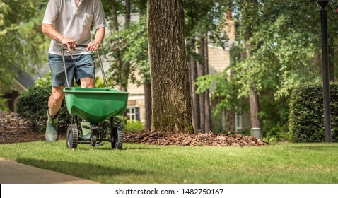 Man seeding and fertilizing residential backyard lawn with manual grass seed spreader. - Shutterstock ID 1482750167