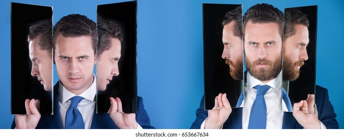 Man Or Serious Businessman Reflecting In Mirror On Blue Background. Bearded Or Clean Shaven Face. Facial Hair Trend. Skin Care. Choice, Decision, Agile Business, Archaism