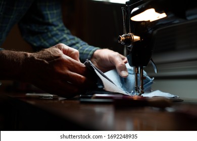 Man Sewing Machine Denim, Hands