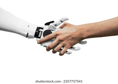 man shaking hands with a robot on a white background close-up of a handshake
