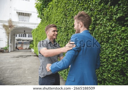 Man Sharing Life Problems Always Support Best Friends. Friends Getting Down Heart Broken. Sad Man sitting talking in green park feeling sadness has a problems Life Crisis. Best Friend Mental Concept.
