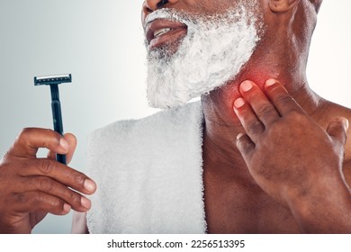 Man, shaving and hand on neck for pain from razor burn or cut while grooming with foam on face. Bathroom beard shave accident, blade and injury on throat, old male model isolated on white background.