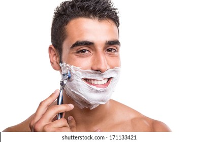 Man Shaving His Face Over White Background