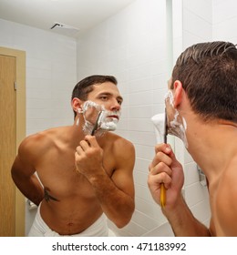 Man Shaving Straight Razor. Man Carefully And Gently Shave With A Razor Old.