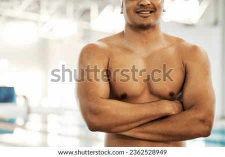 Man, shirtless and swimmer the arms crossed at pool, fitness and professional athlete with fitness. Exercise, aquatic sports and confidence with mockup space, bare chest and swimming with training