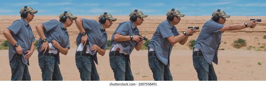 Man shooting gun on range in desert sequence