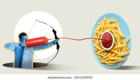 Man shooting ketchup with archery bow aiming plate of french fries, creative collage. Banner design - Powered by Shutterstock