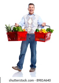 Man With A Shopping Basket. Grocery. Isolated Over White Background.