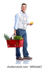 Man With A Shopping Basket. Grocery. Isolated Over White Background.