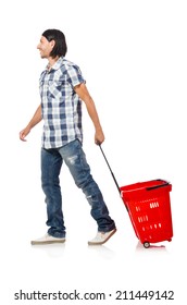 Man Shopping With Supermarket Basket Cart Isolated On White