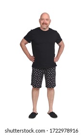 Man In Short Pant Pajamas On White Background,hands On Hip