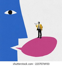 Man shouting at megaphone. Conceptual art collage. Ideas, imagination, surrealism, cubism. Concept of propaganda, business, psychology, mass media influence, info and addiction Colorful minimalism