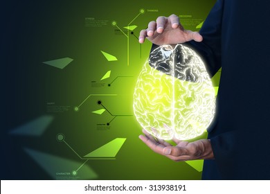 Man showing digital brain in color background