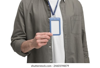 Man showing empty badge on white background, closeup