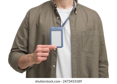 Man showing empty badge on white background, closeup