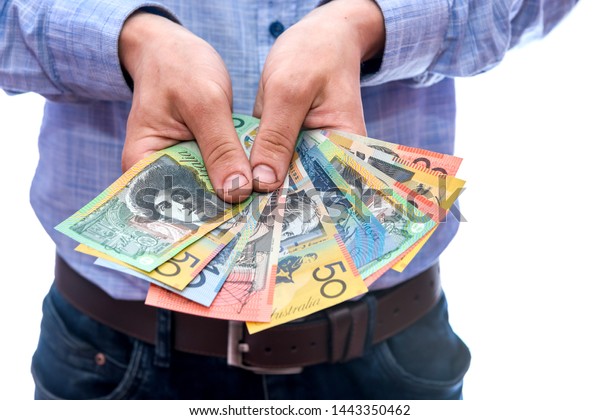 Man Showing Fan Australian Dollar Banknotes Stock Photo