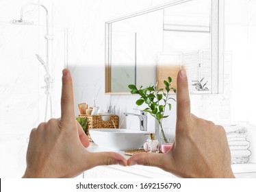 Man Showing Frame Gesture And Making Bathroom Real Out Of Drawing