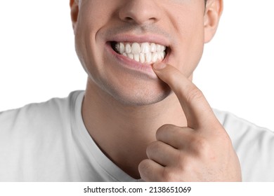 Man Showing Healthy Gums On White Background, Closeup