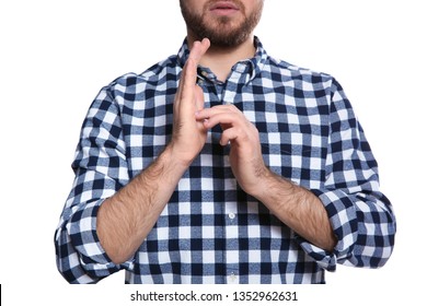 Man Showing JESUS In Sign Language On White Background, Closeup