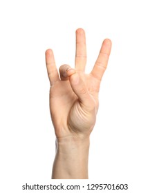 Man showing number seven on white background, closeup. Sign language
