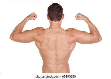 A Man Showing Off His Great Back Muscles, Without His Shirt On.