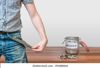 Man Showing Pocket As No Money Symbol And Jar With Coins.