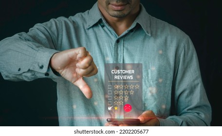 Man Showing Sign Choosing Sadness Emotion Face Screen. Bad Service Dislikes Bad Quality, Low Rating, Social Media Not Good. Concept Of Customer Experience Dissatisfaction.