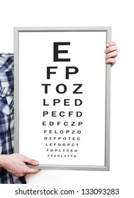 Man Showing Snellen Eye Exam Chart On White Background