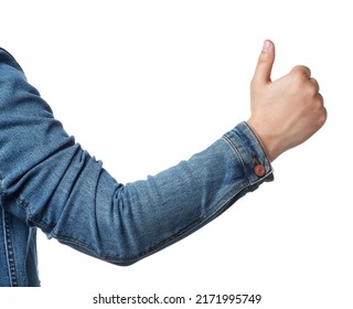 Man showing thumb up on white background, closeup of hand. Hitchhiking gesture