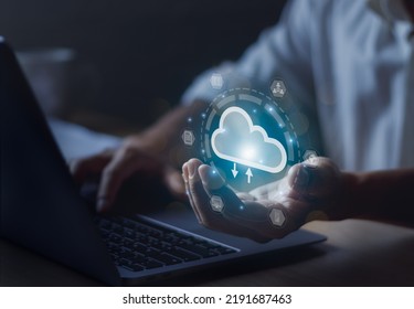 Man Showing Virtual Cloud Icon In Hand Concept Of Access To Big Data, Global Network Connectivity, Information, Data Management, Use Of Internet Technology Resources To Conduct Online Transactions.