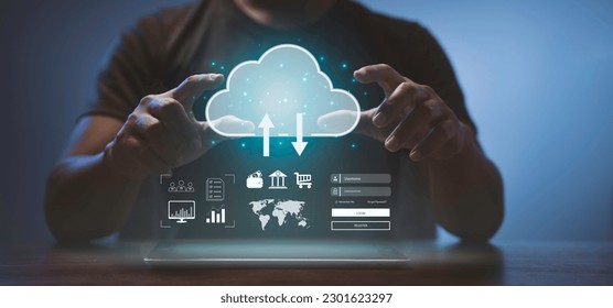  man showing virtual screen with cloud computing diagram. Cloud technology. Data storage. Networking and internet service concept.