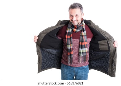 Man Showing Winter Layers Under His Jacket Isolated On White Background With Copy Text Space