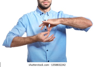 Man showing word INTERPRETER in sign language on white background, closeup