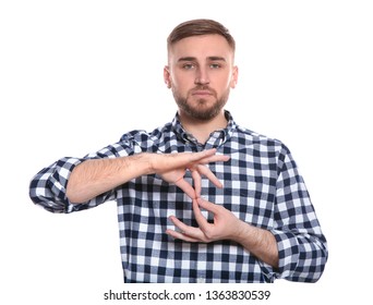 Man Showing Word INTERPRETER In Sign Language On White Background