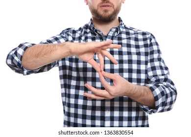 Man Showing Word INTERPRETER In Sign Language On White Background, Closeup