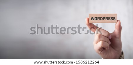 Man showing Wordpress text in wooden block.