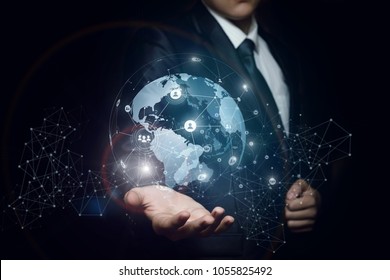 Man Shows A Global Business Network On Dark Background.