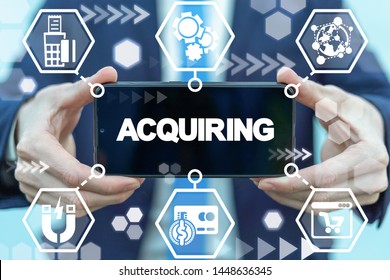 Man shows smartphone screen with acquiring word. Acquire payment marketing financial system. Acquiring online mobile web shopping technology. - Shutterstock ID 1448636345