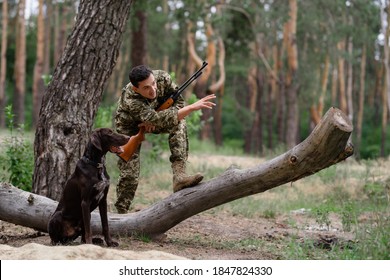 Man Shows Something To A Dog In The Depths Of The Forest. The Dog Waits Until The Hunter Gives Her The Command Fas.