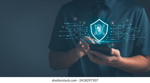 man shows use of artificial intelligence Ai technology to access malicious software with smartphone, concept of internet cyber security warning or technology fraud alert,Chat with AI.