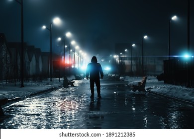 Man silhouette in misty alley at night city park, mystery and horror foggy cityscape atmosphere, alone stalker or crime person - Shutterstock ID 1891212385