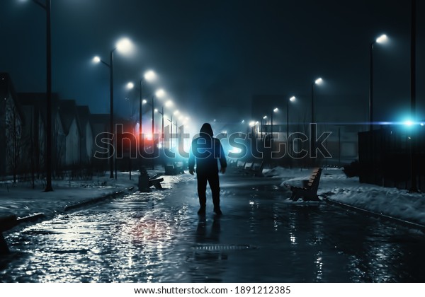 Man silhouette in misty alley at night city park,\
mystery and horror foggy cityscape atmosphere, alone stalker or\
crime person