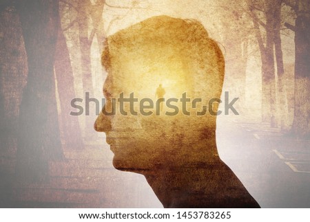 Man silhouette on gothic landscape background. Psychiatry, psychology,  concept, gothic, steampunk background