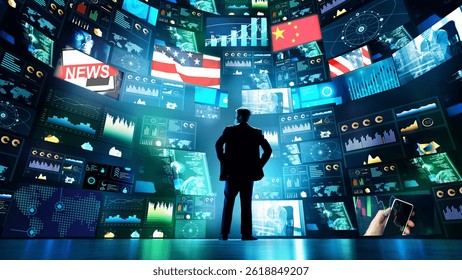 Man in silhouette stands before immersive display of global finance, flags, and news, surrounded by economic crisis indicators. Concept of global economy, cybersecurity, business