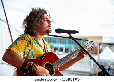 Man Singing And Playing Acustic Guitar At A Concert