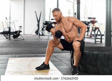 Man Sit Wheel Holding Lift Barbell Gym Athlete Bicep Exercise Dumbbell Muscular . Functional Cross Training Indoor. Handsome Caucasian Bearded Guy Do Workout With Dumbbell.