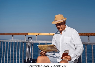 man sits on a wooden bench near the ocean, reading a map and enjoying the tranquil seaside view. High quality photo - Powered by Shutterstock