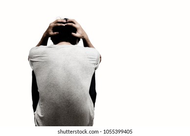 Man Sitting Alone Felling Sad Worry Or Fear And Hands Up On Head Isolated On White Background