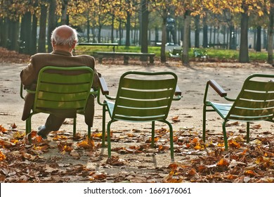 Оld man sitting alone on park bench under tree/ Autumn landscape/ Loneliness/ Faceless