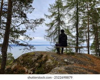 A man sitting alone on a wooden bench atop a rocky hill, gazing out over a tranquil fjord surrounded by pine and fir trees. - Powered by Shutterstock